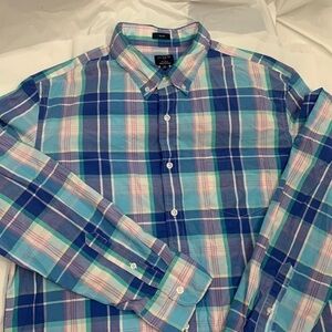 Men’s J Crew Blue Pink Plaid Slim Flex Washed Button Down Long Sleeve Shirt XL